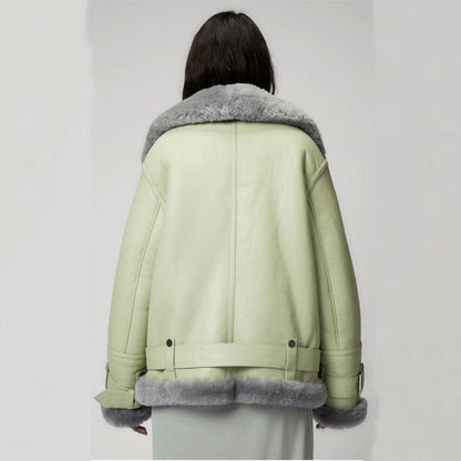 Women Green RAF Aviator  Styled Sheepskin Shearling Leather Jacket - Leather Loom