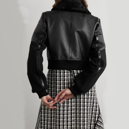 Women Black Shearling-trimmed textured-leather bomber jacket - Leather Loom