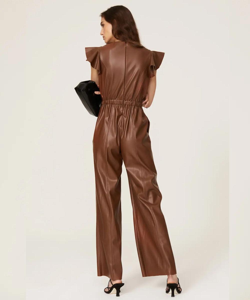Womens Brown Sheepskin Leather Jumpsuit - Leather Loom