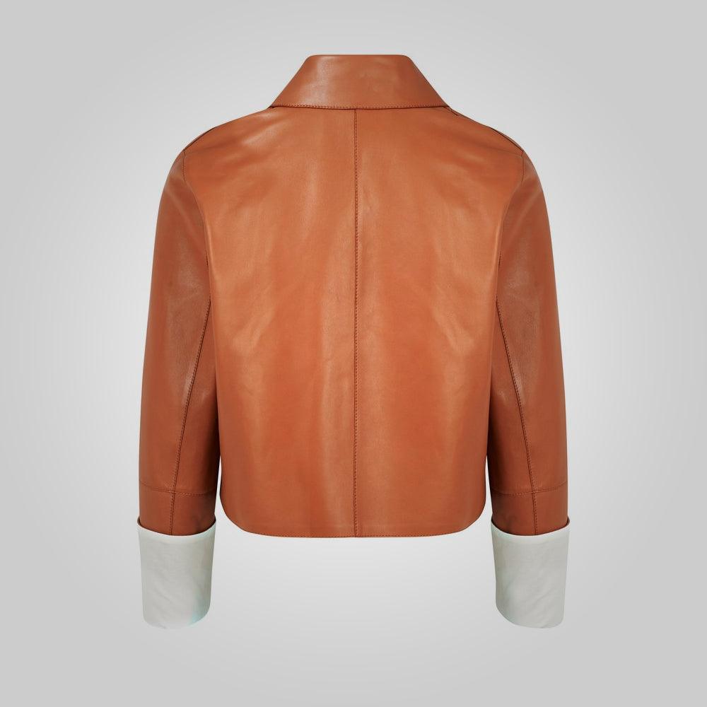 Womens Designer Brown and White Leather Jacket - Leather Loom