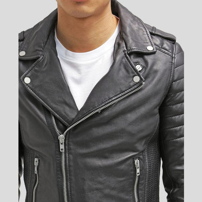 Cain Black Slim Fit Biker Leather Jacket - Leather Loom