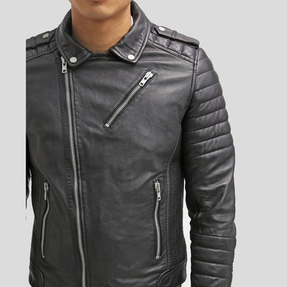 Cain Black Slim Fit Biker Leather Jacket - Leather Loom