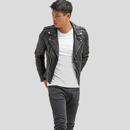 Cain Black Slim Fit Biker Leather Jacket - Leather Loom