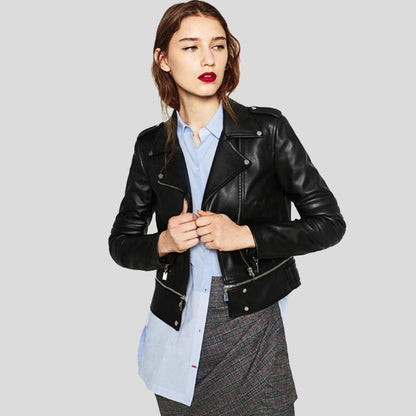 Elise Black Biker Leather Jacket - Leather Loom