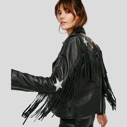 Sloane Black Biker Leather Jacket Tassels - Leather Loom