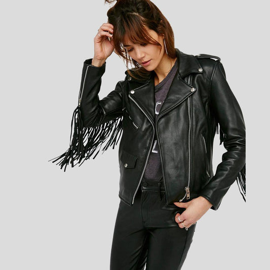 Sloane Black Biker Leather Jacket Tassels - Leather Loom