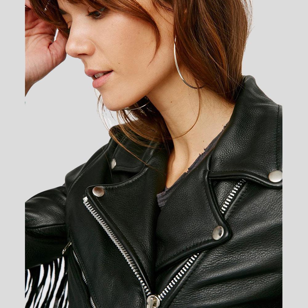 Sloane Black Biker Leather Jacket Tassels - Leather Loom