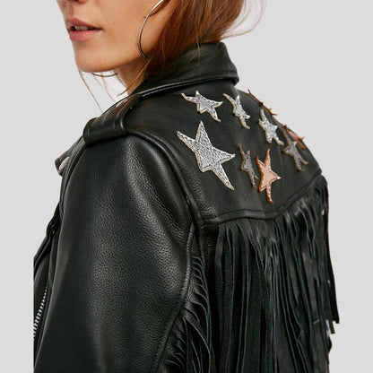 Sloane Black Biker Leather Jacket Tassels - Leather Loom