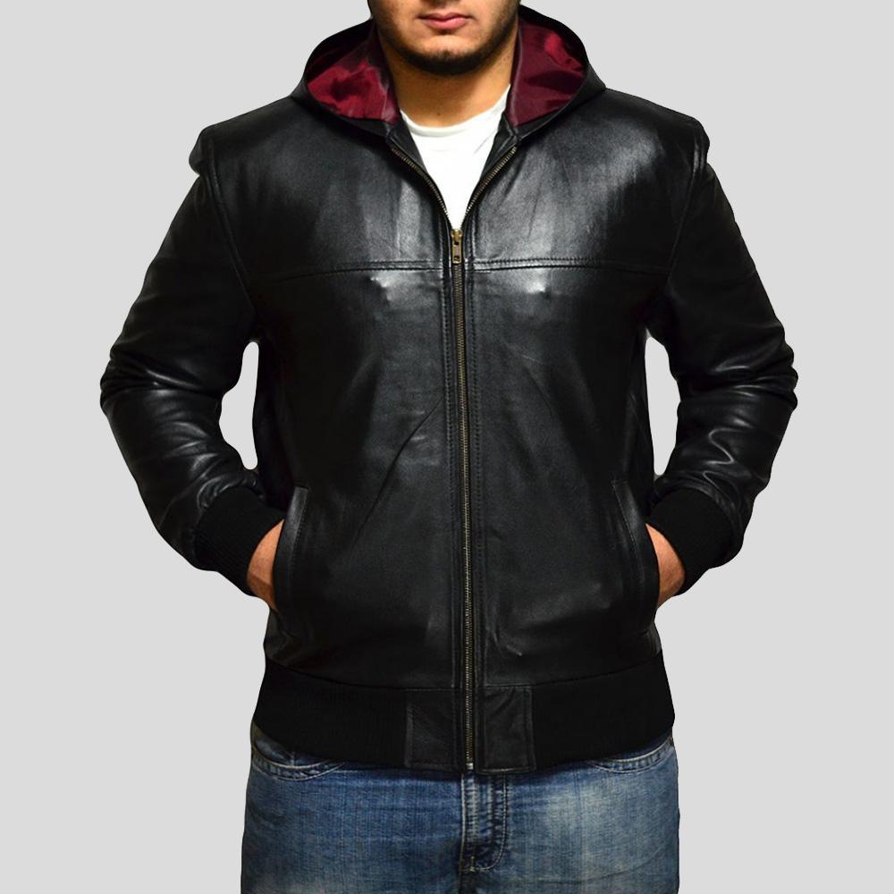 Shane Black Bomber Leather Jacket Hooded - Leather Loom