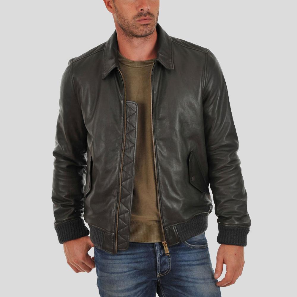 Ioan Black Bomber Leather Jacket - Leather Loom