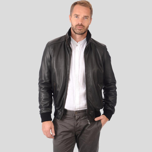 Kian Black Bomber Leather Jacket - Leather Loom