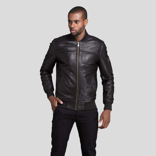 Kyros Black Bomber Genuine Leather Jacket - Leather Loom