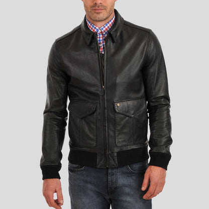 Osian Black Bomber Leather Jacket - Leather Loom