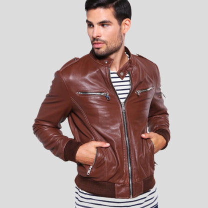 Fonz Brown Bomber Leather Jacket - Leather Loom