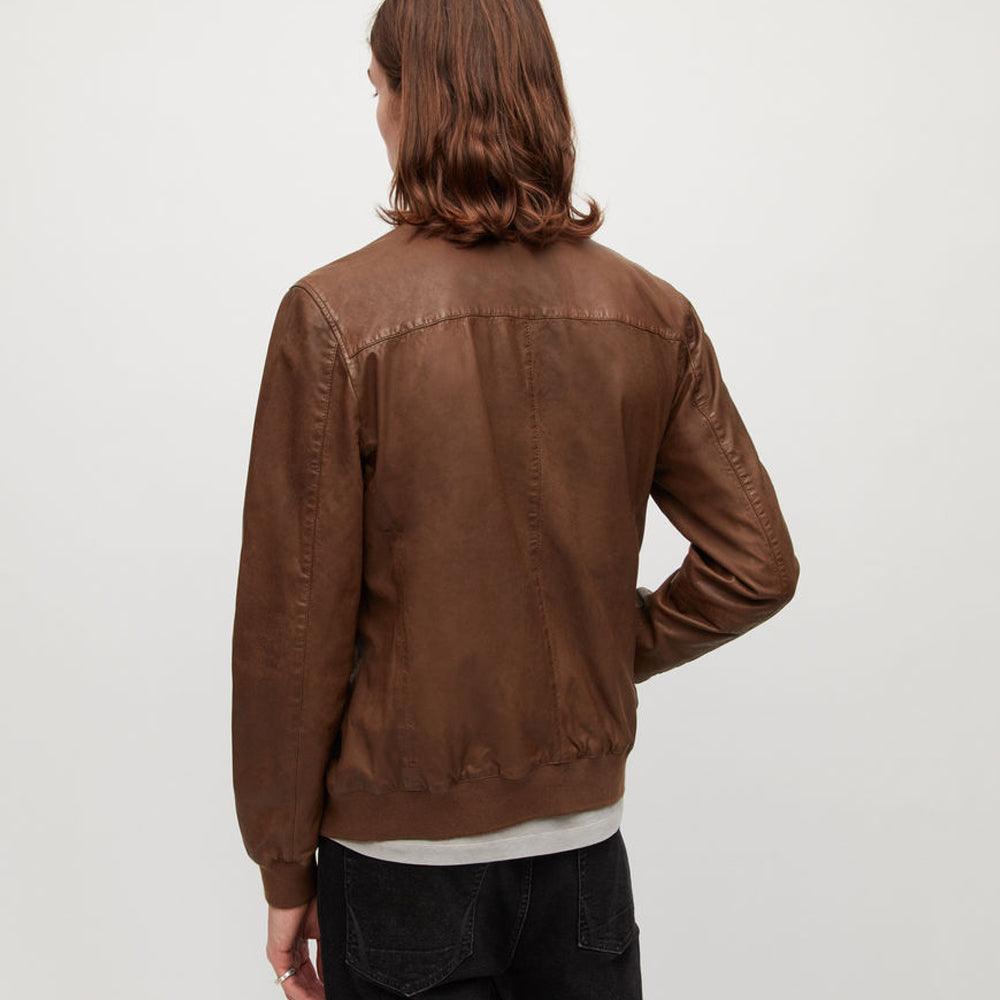 Mens Brown Lambskin Leather Bomber Jacket - Leather Loom