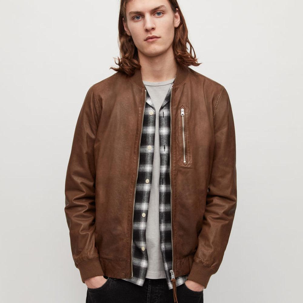 Mens Brown Lambskin Leather Bomber Jacket - Leather Loom