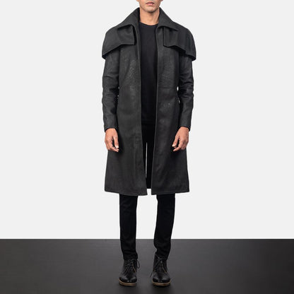 Mens Classic Black Sheepskin Leather Dustoer Coat - Leather Loom