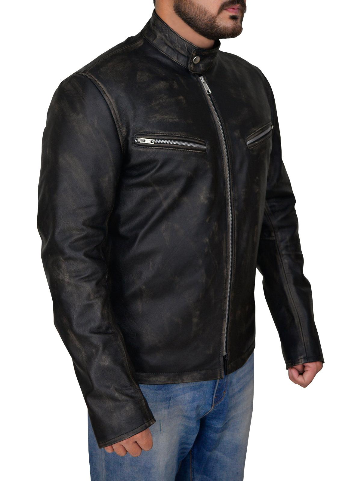 Men Distressed Black Cafe Racer Jacket - Leather Loom