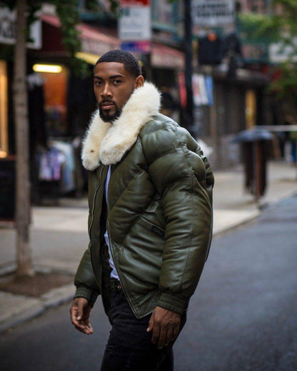 MEN V BOMBER JACKET - MONEY GREEN (OFF WHITE FUR) - Leather Loom