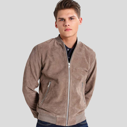 Rolf Grey Suede Bomber Leather Jacket - Leather Loom