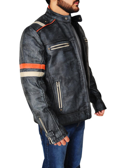 Men Distressed Black Cafe Racer Jacket - Leather Loom