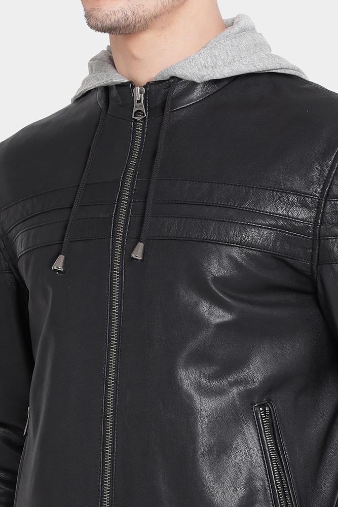 Brice Black Hooded Leather Jacket - Leather Loom