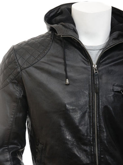 Black Hooded Leather Jacket for Men