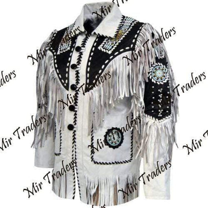 Men's Suede Fringe Jacket White Black Cow Hide Stylish Suede Jacket - Leather Loom