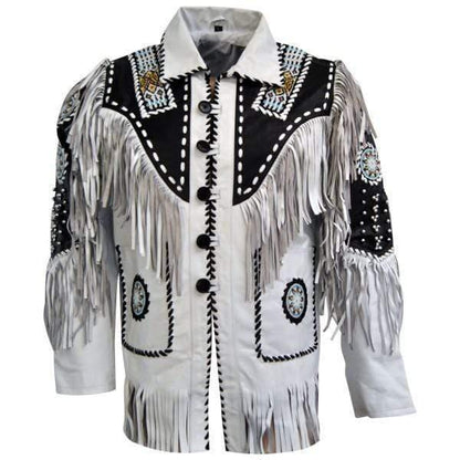 Men's Suede Fringe Jacket White Black Cow Hide Stylish Suede Jacket - Leather Loom