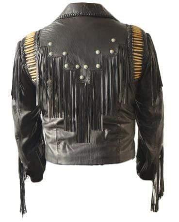 Men's Bluish Black Leather Western Cowboy Leather Jacket Fringe Bones - Leather Loom