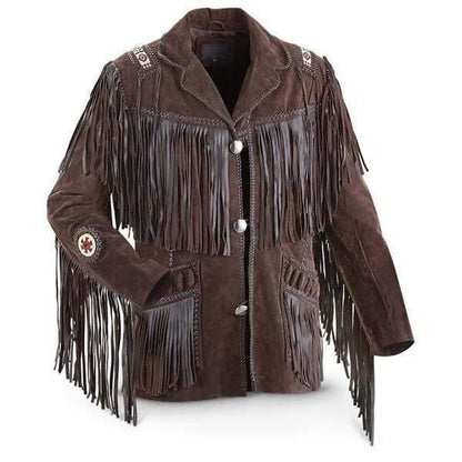 Men's Bluish Brown Suede Western Cowboy Leather Jacket Fringe Bones - Leather Loom