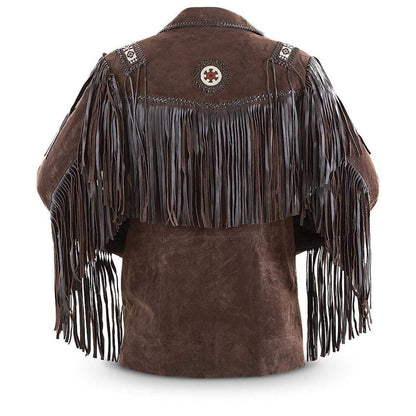 Men's Bluish Brown Suede Western Cowboy Leather Jacket Fringe Bones - Leather Loom