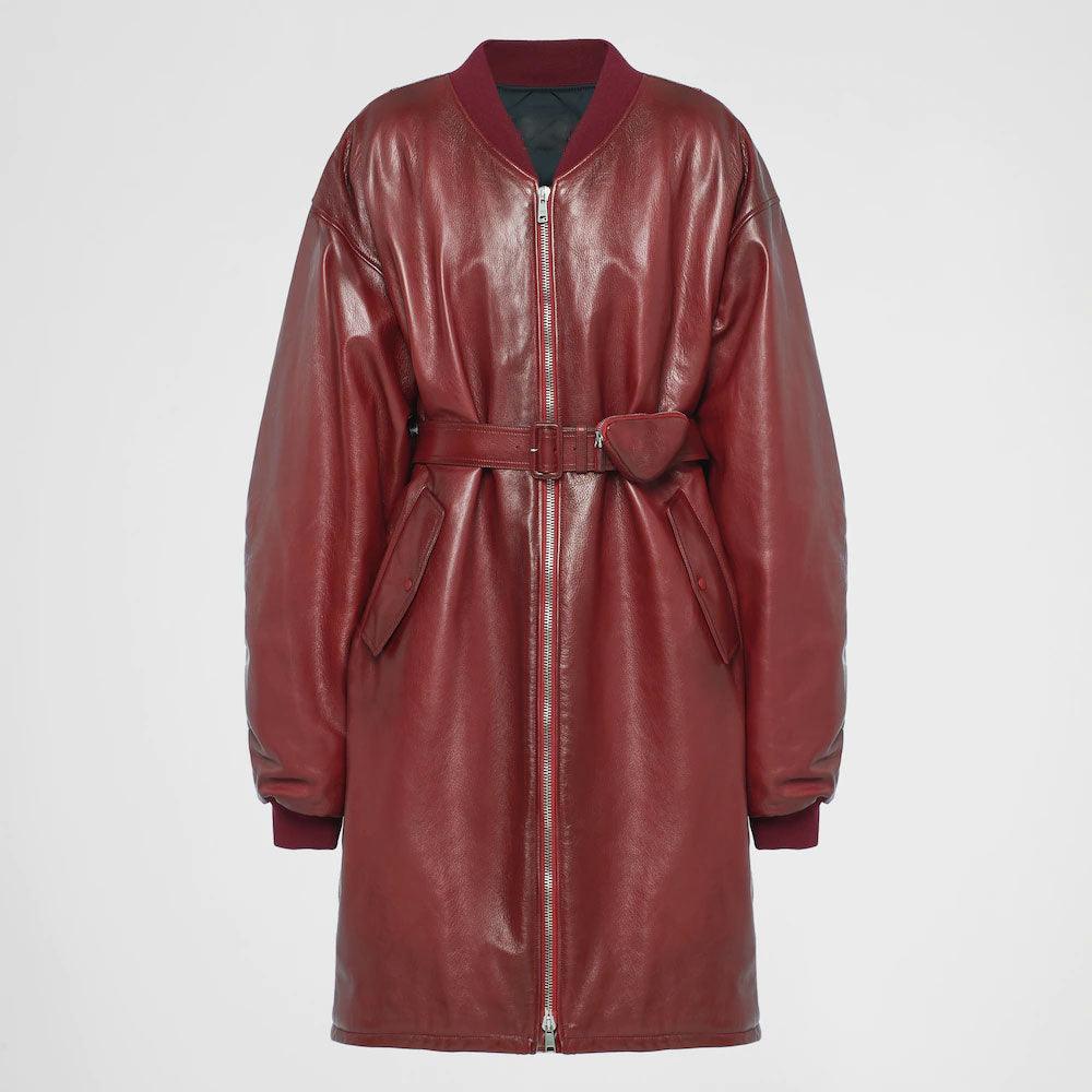 Women's Red Oversized Sheepskin Leather Bomber Jacket - Leather Loom