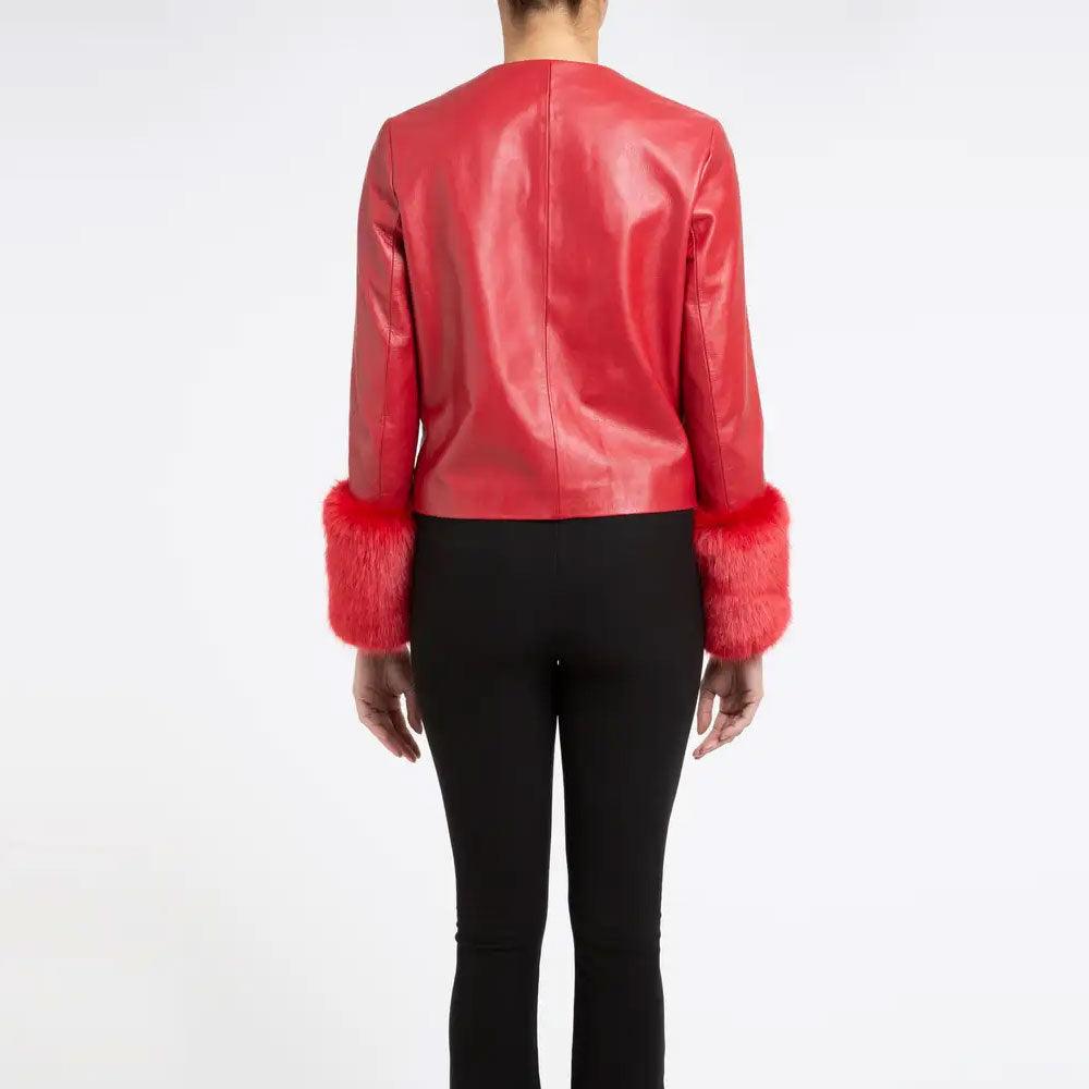 Women's Red Leather biker jacket with Faux Fur - Leather Loom