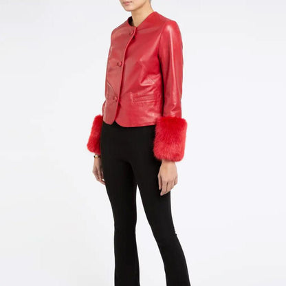 Women's Red Leather biker jacket with Faux Fur - Leather Loom