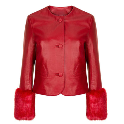 Women's Red Leather biker jacket with Faux Fur - Leather Loom