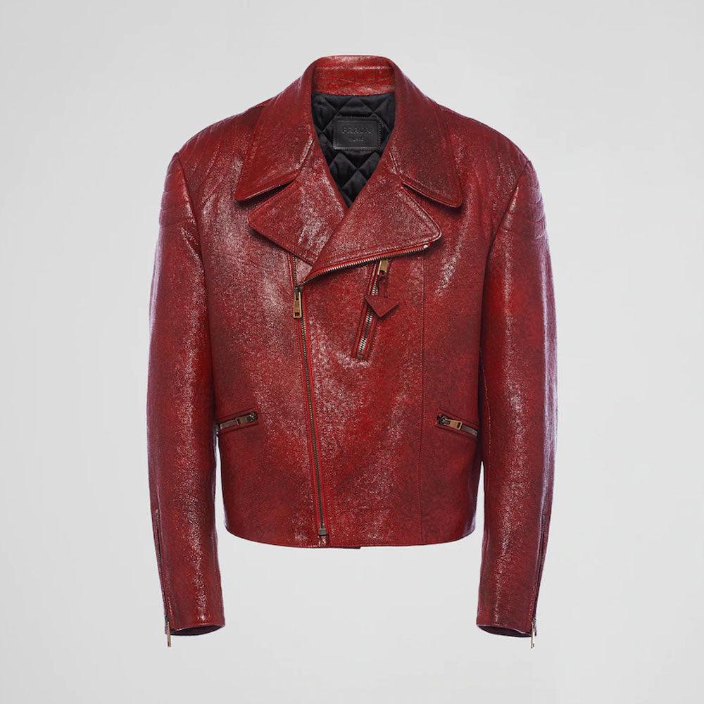 Women's Red Sheepskin leather biker jacket - Leather Loom