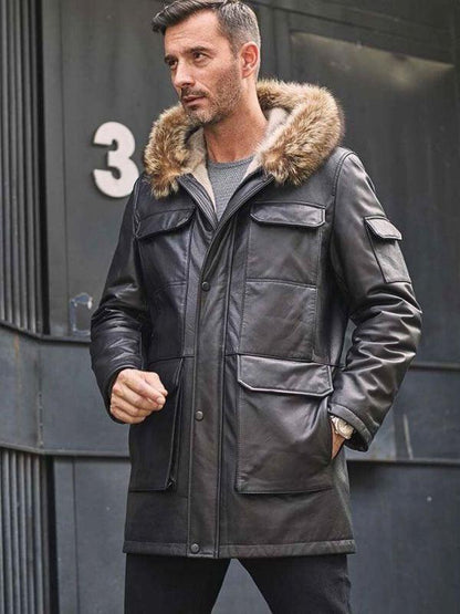 Mink Coat Long Winter Overcoat Black Leather Parkas Fur Outwear - Leather Loom