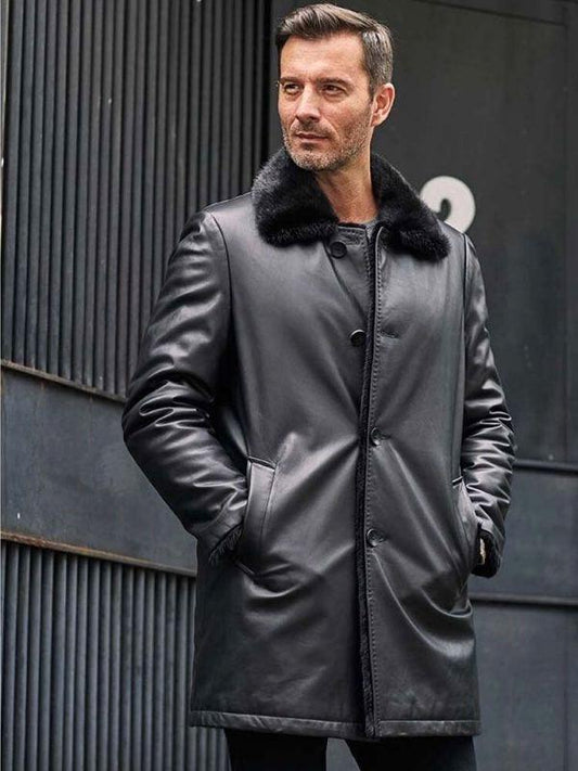 Mink Fur Coat Long Fur Outwear Black Leather Overcoat - Leather Loom