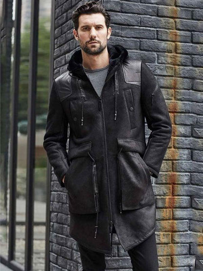 Men's Winter Shearling Fur Black Leather Long Trench Coat Outerwear - Leather Loom