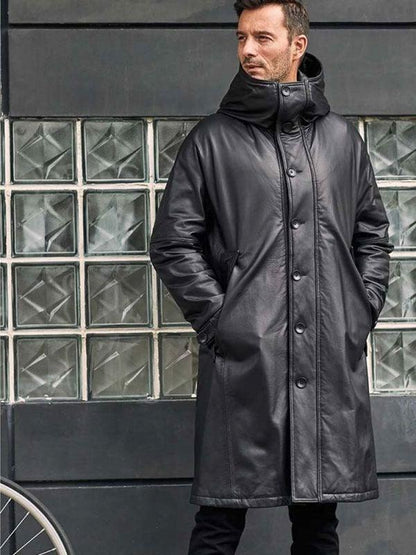 Leather Down Jacket Long Winter Overcoat Warm Oversize Outwear - Leather Loom