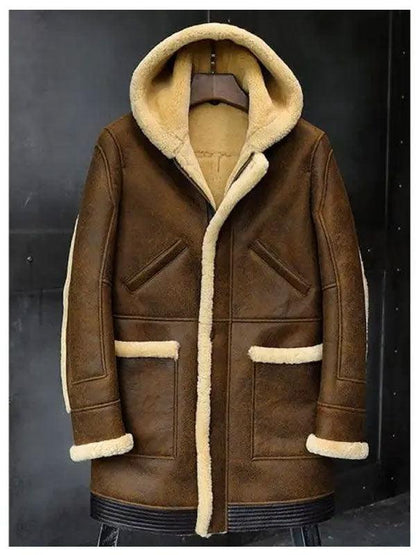 Mens Hooded Sheepskin Shearling Leather Jacket - Leather Loom