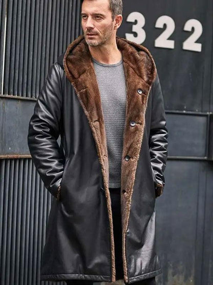 Cowhide Shearling Fur Parkas Hooded Leather Coat - Leather Loom