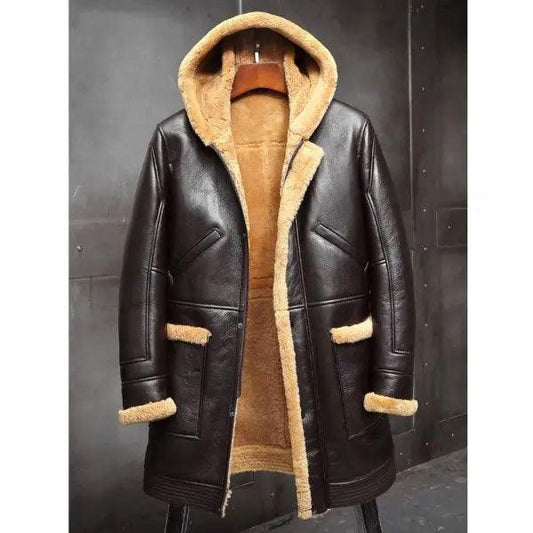 Mens RAF Hooded Shearling Fur Sheepskin Leather Long Jacket Winter Coats - Leather Loom