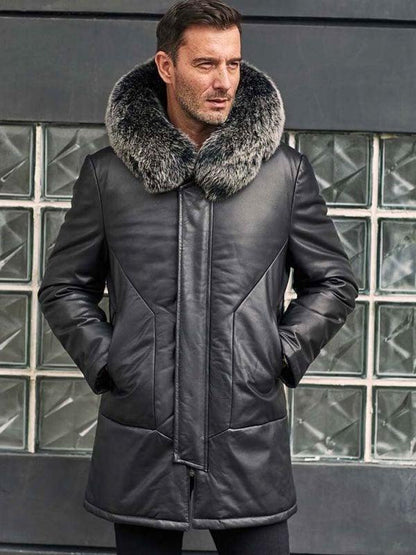 Leather Down Jacket With Fox Fur Collar Hooded Winter Overcoat Long Warm Outwear - Leather Loom