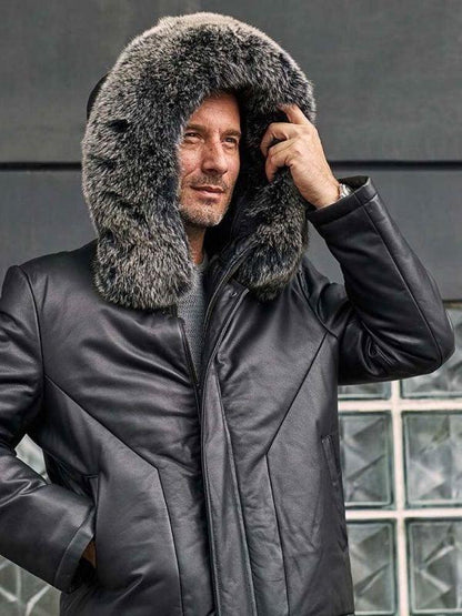 Leather Down Jacket With Fox Fur Collar Hooded Winter Overcoat Long Warm Outwear - Leather Loom