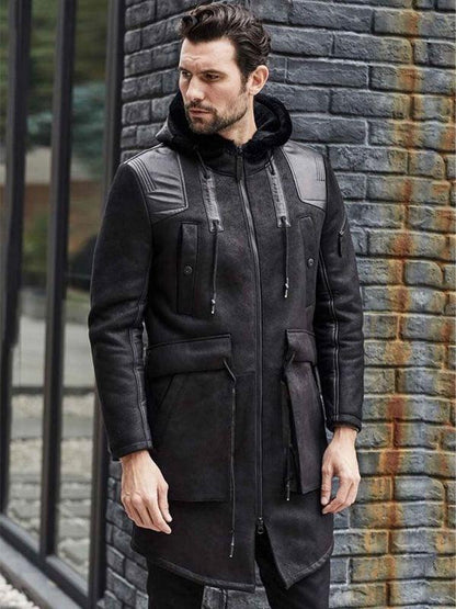 Men's Winter Shearling Fur Black Leather Long Trench Coat Outerwear - Leather Loom