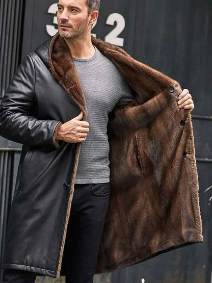 Cowhide Shearling Fur Parkas Hooded Leather Coat - Leather Loom