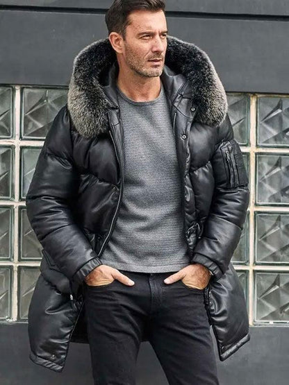 Leather Down Jacket With Fox Fur Collar Long Winter Coat Hooded Warm Overcoat - Leather Loom