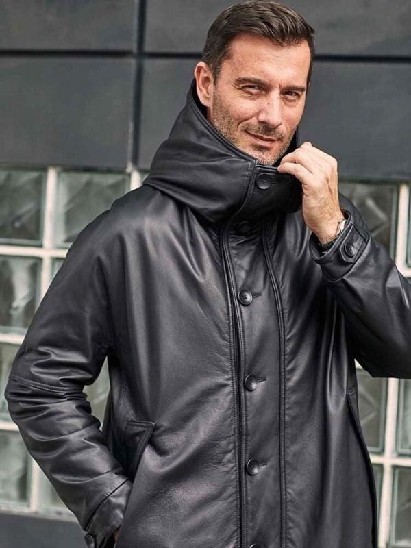 Leather Down Jacket Long Winter Overcoat Warm Oversize Outwear - Leather Loom